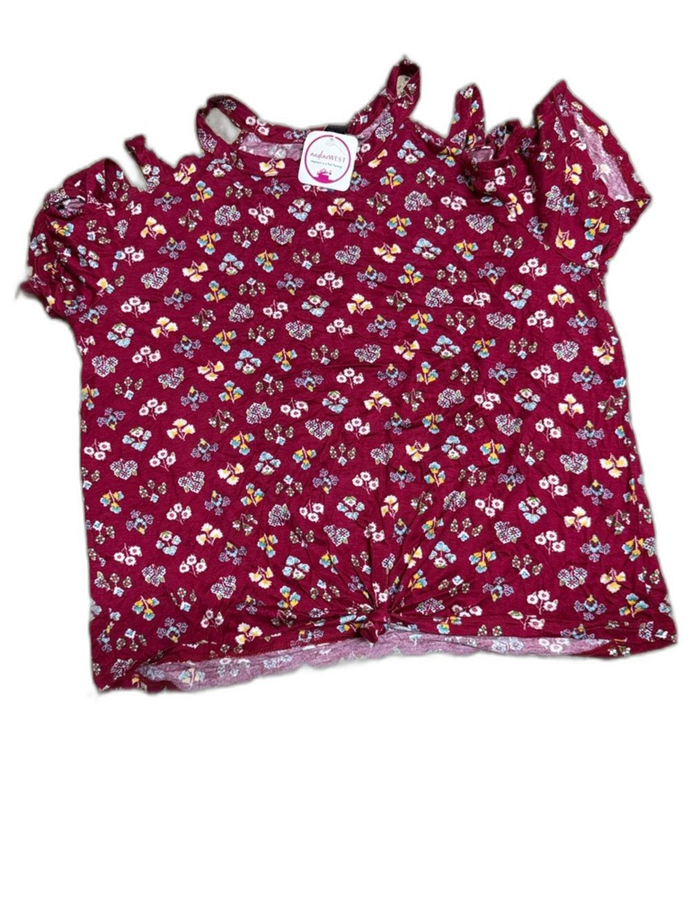 Wonder Nation Burgundy Floral Cold-Shoulder Knot Front Top